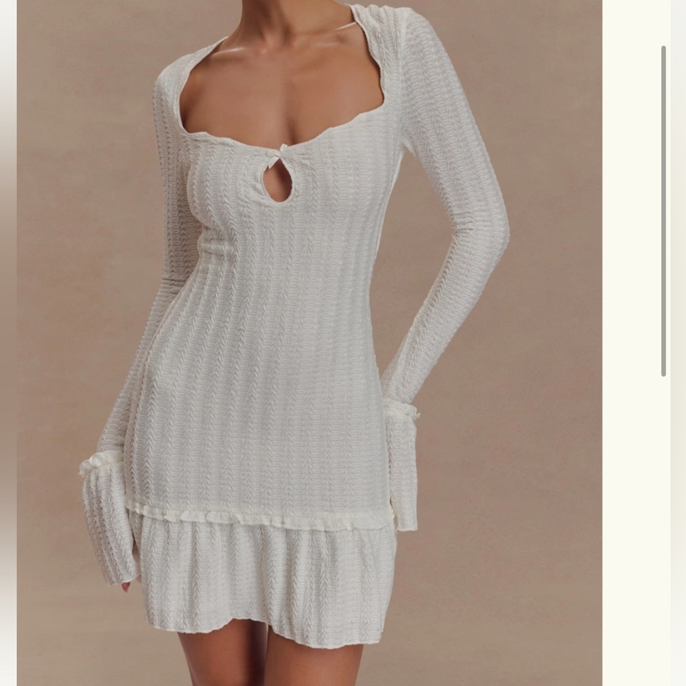 Meshki White Ribbed Bodycon Dress with Bishop Sleeves